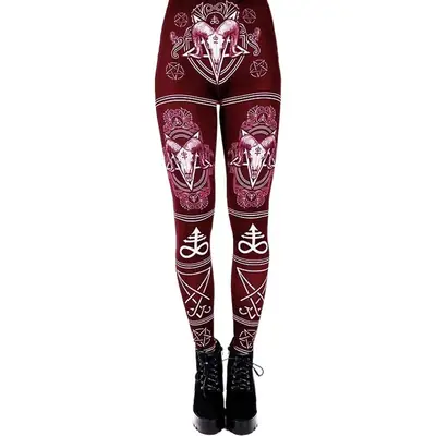 Maroon Printed Hip Leggings for Women with White Design