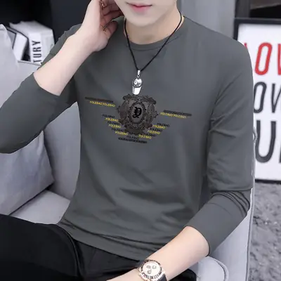 Men Long Sleeve Graphic T-Shirt Grey Round Neck Wholesale