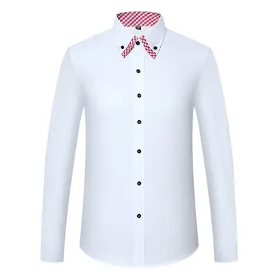 Men's White Slim Fit Korean Style Shirt with Red Gingham Collar