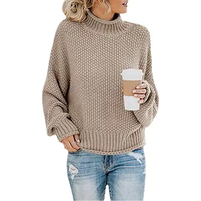 Women's Red High Collar Wool Sweater Winter Pullover