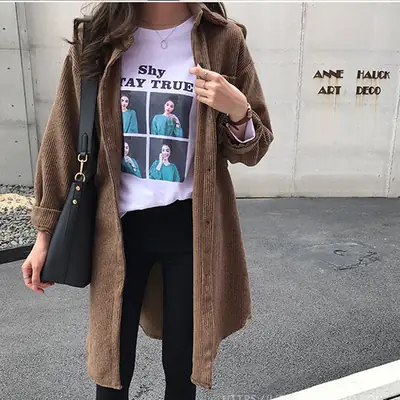 Women Corduroy Mid-Length Shirt Jacket Brown Loose Fit