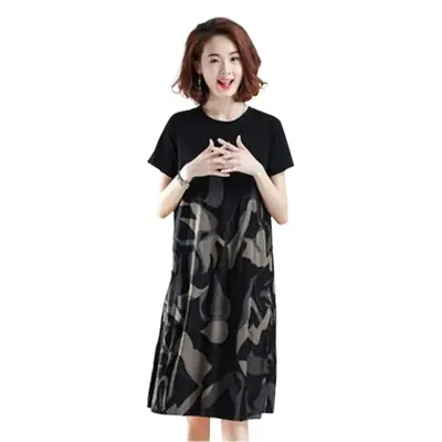 Black Printed Slimming Mid-Length Dress for Plus Size Women