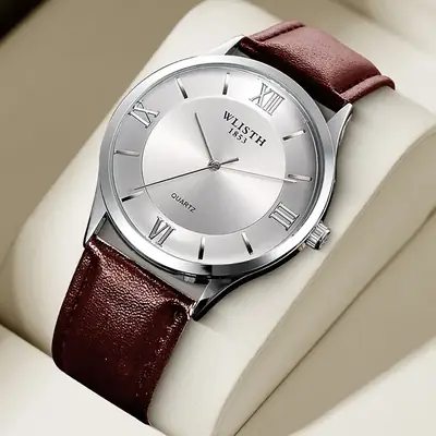 Men's Quartz Watch with Leather Strap, White Dial, Water Resistant