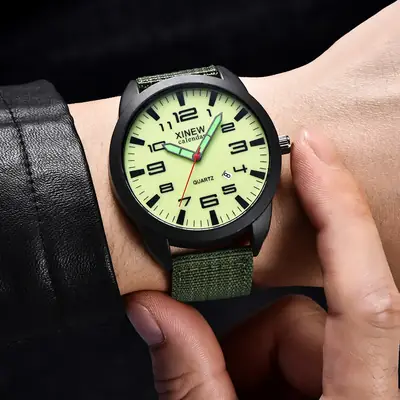 Men's Military Style Quartz Watch with Green Strap