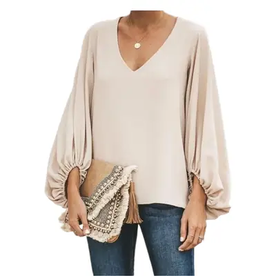 2022 V-Neck Lantern Sleeve Top T-Shirt Pink