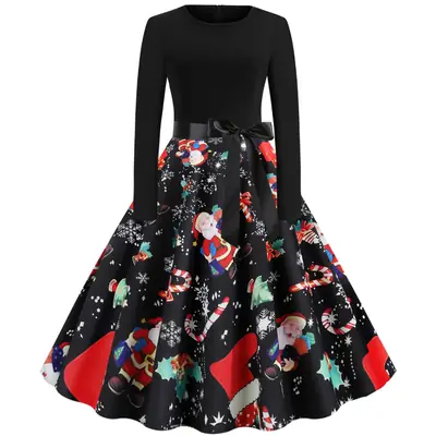 Christmas Printed Long Sleeve Skirt Dress Black