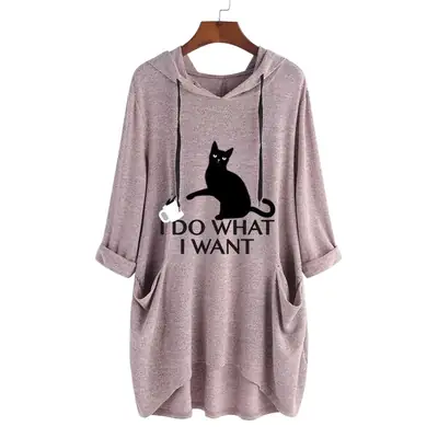 Women Hooded Hoodie Set Cat Print Loose Fit Long Sleeve