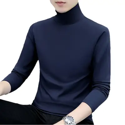 Men Navy Fleece Long Sleeve T-Shirt with Half-High Collar