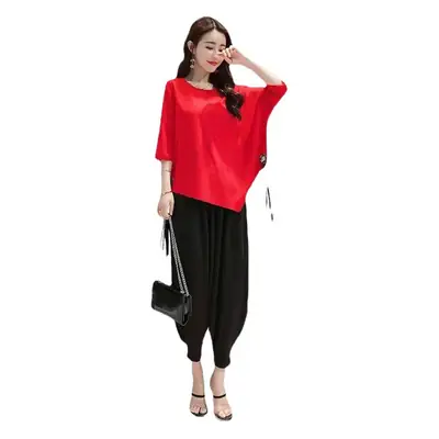 Women Red Loose Fit Wide Leg Pants Set