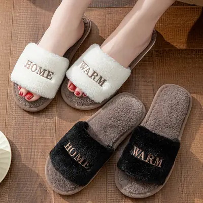 Autumn and Winter Chanel Style Letter Embroidered Cotton Slippers Women's Non-Slip Home Soft Bottom Ins Plush Moon Shoes