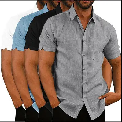Men Linen Button Shirt Short Sleeve Summer Lapel