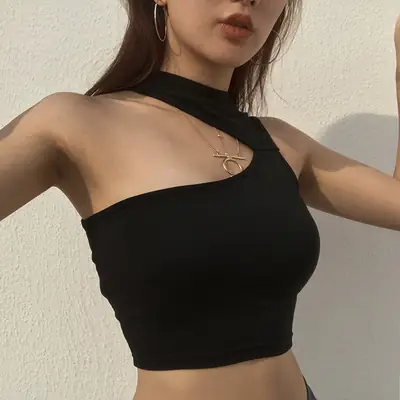 Black Asymmetrical Shoulder-Leggings Sports Vest Top