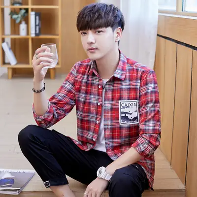 Men's Red Plaid Korean Fashion Shirt with Print