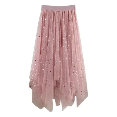 Women Sequined Mesh Skirt High Waist Asymmetrical