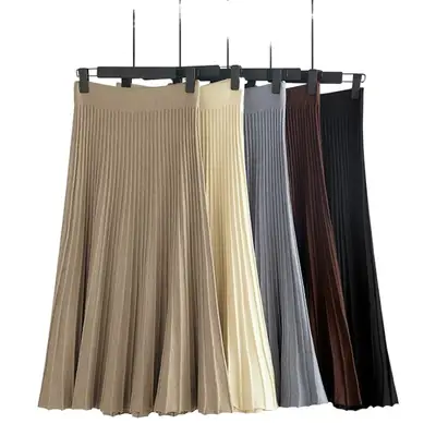 Brown Knitted Pleated Skirt for Women Large Swing Slimming
