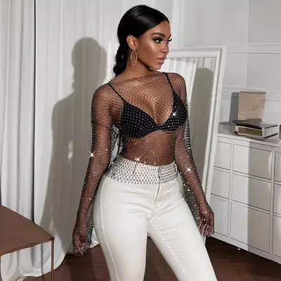Feminine Rhinestone Fishnet Blouse with Long Sleeve Top