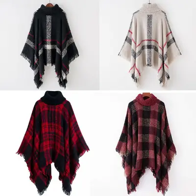 Women's Knitted Plaid Collar Shawl with Loose Sleeve