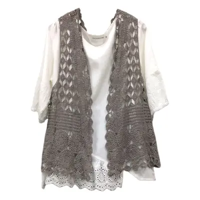 Women Hollow Out Vest Vest Grey Crochet Summer