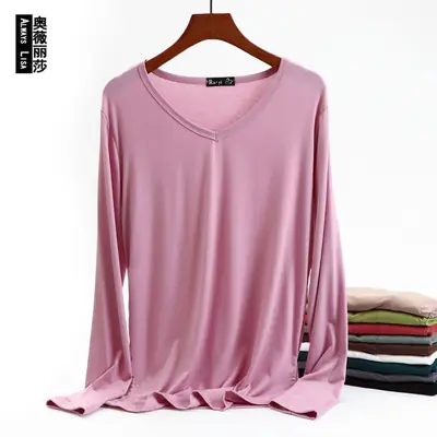 Women's Long Sleeve V-Neck T-Shirt Brown Spring Autumn