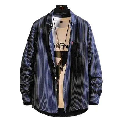 Men's Long Sleeve Striped Korean Shirt White
