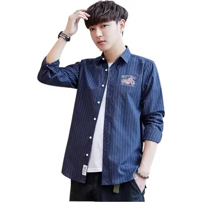 Men's Blue Striped Slim Fit Shirt Jacket with Embroidered Pocket