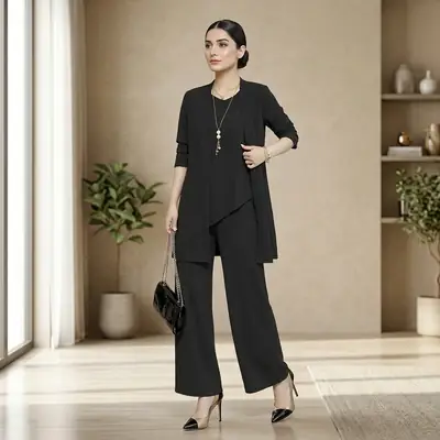 Women's 3-piece Suit Black Long Sleeve V-Neck Loose Fit
