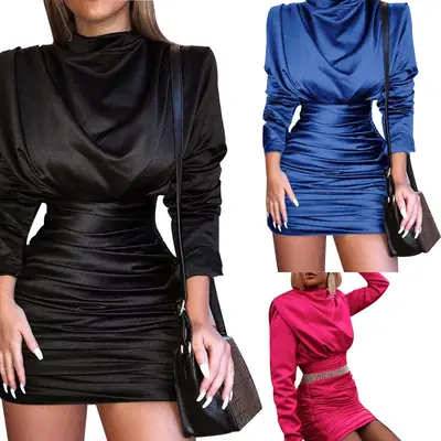Blue High Neck Long Sleeve Dress for Women