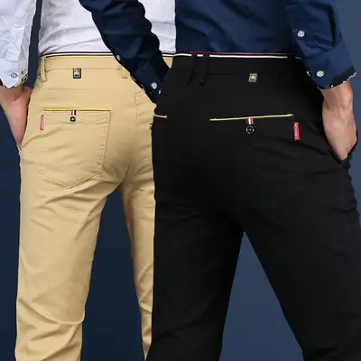 Men's Straight Leg Stretch Pants Beige Black Slim Fit