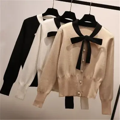 Women's Beige Bowknot Knit Cardigan with Long Sleeves