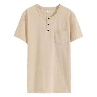 Men Pure Cotton Black T-Shirt Henry Collar Button Front