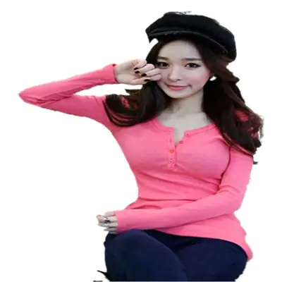2025 Women Long Sleeve Ribbed T-Shirt Grey Slim Fit