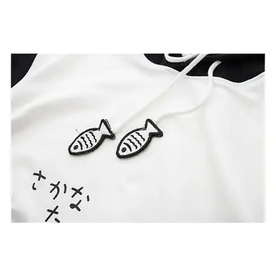 Japanese Mori Girl Cat Print Hoodie White Black Long Sleeve