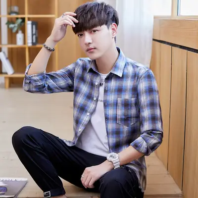 Men Plaid Long Sleeve Shirt Joker Print Casual Wear