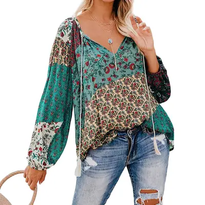 Women Floral V Neck Long Sleeve Pullover Shirt Navy Blue