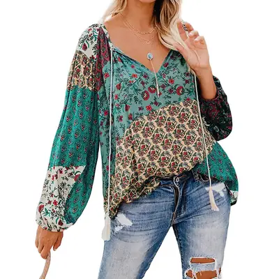 Women Floral V Neck Long Sleeve Pullover Shirt Large