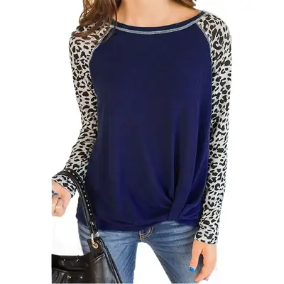 Long Sleeve Leopard Print T-Shirt Navy Blue Hem Twist Women