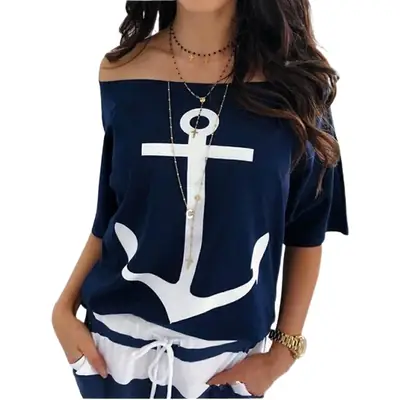 Women Anchor Printed Off-shoulder T-Shirt Large