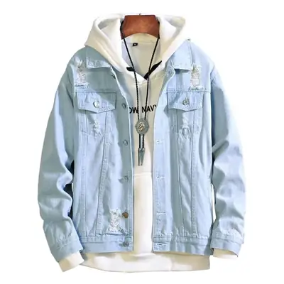 Men's Light Blue Ripped Korean Style Denim Jacket