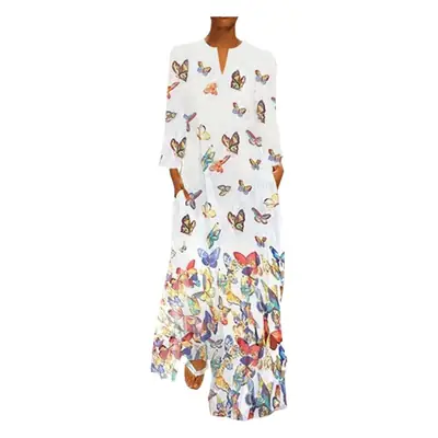 Women Butterfly Print V Neck Long Sleeve Dress Yellow