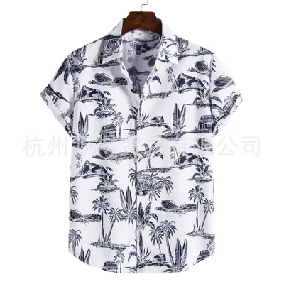 Men's Printed Short Sleeve Shirt White Black Tropical Design