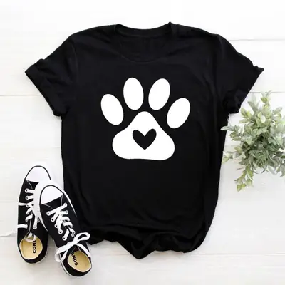 White T-Shirt with Black Paw Print Heart Design for Men Women