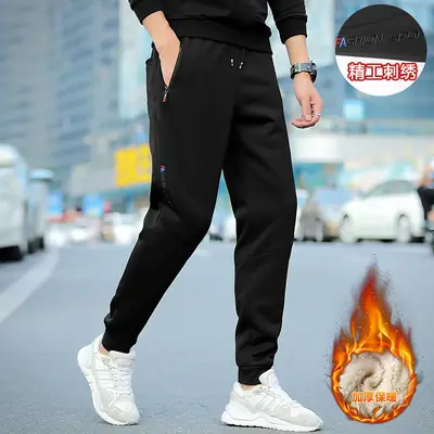 Men's Black Velvet Track Pants Winter Casual Outerwear