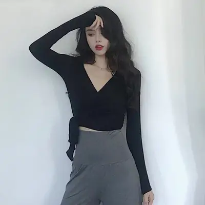 Black Lace-Up Long Sleeve V Neck T-Shirt for Women