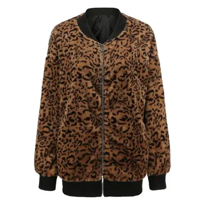 Women Leopard Print Faux Fur Zipper Jacket