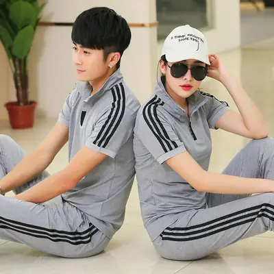 Women Gray Red Striped Polo Track Suit Summer Casual