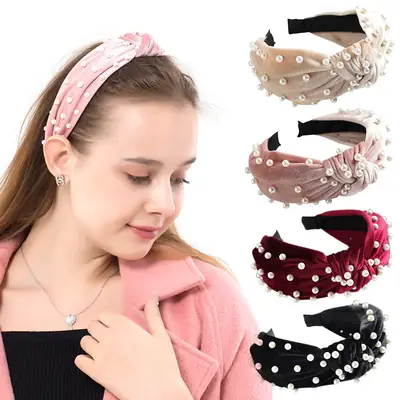 Brown Velvet Pearl Knot Headband for Women