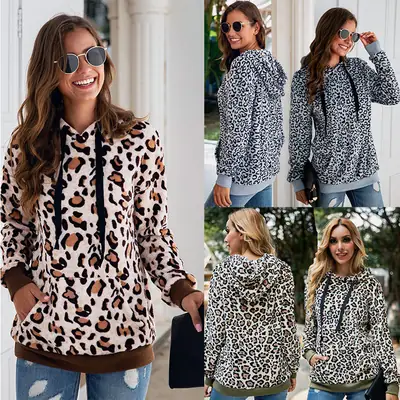 Women Leopard Print Hoodie Plush Sweatshirt Drawstring