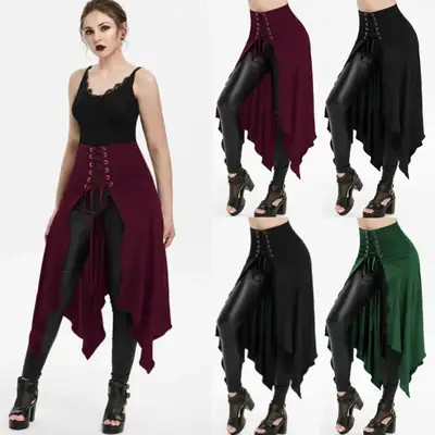 Maroon Asymmetrical Skirt with Lace Up Top & Black Pants