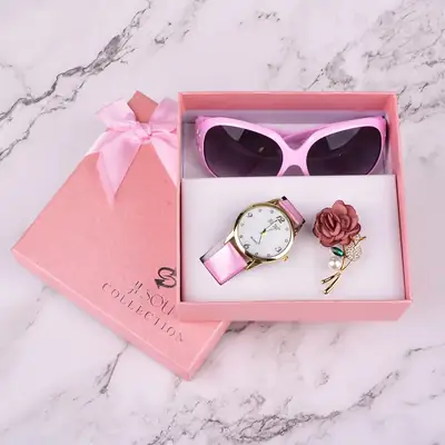 Women's Rose Gold Quartz Watch with Black Strap & Sunglasses Set