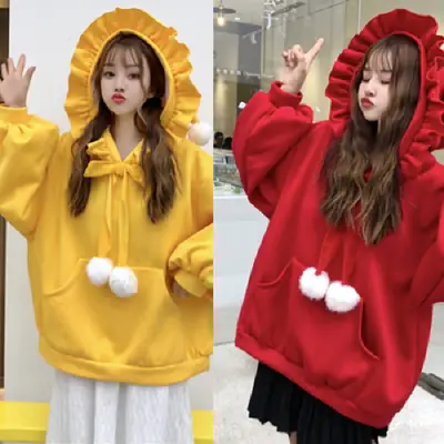 Red Velvet Hooded Sweater with Fur Ball Decor